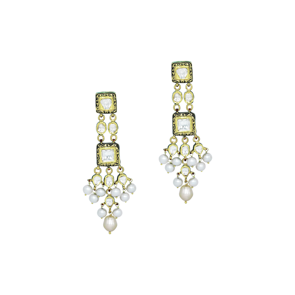 Square Polki Jadau Earrings with Partash Work and Pearl Clusters